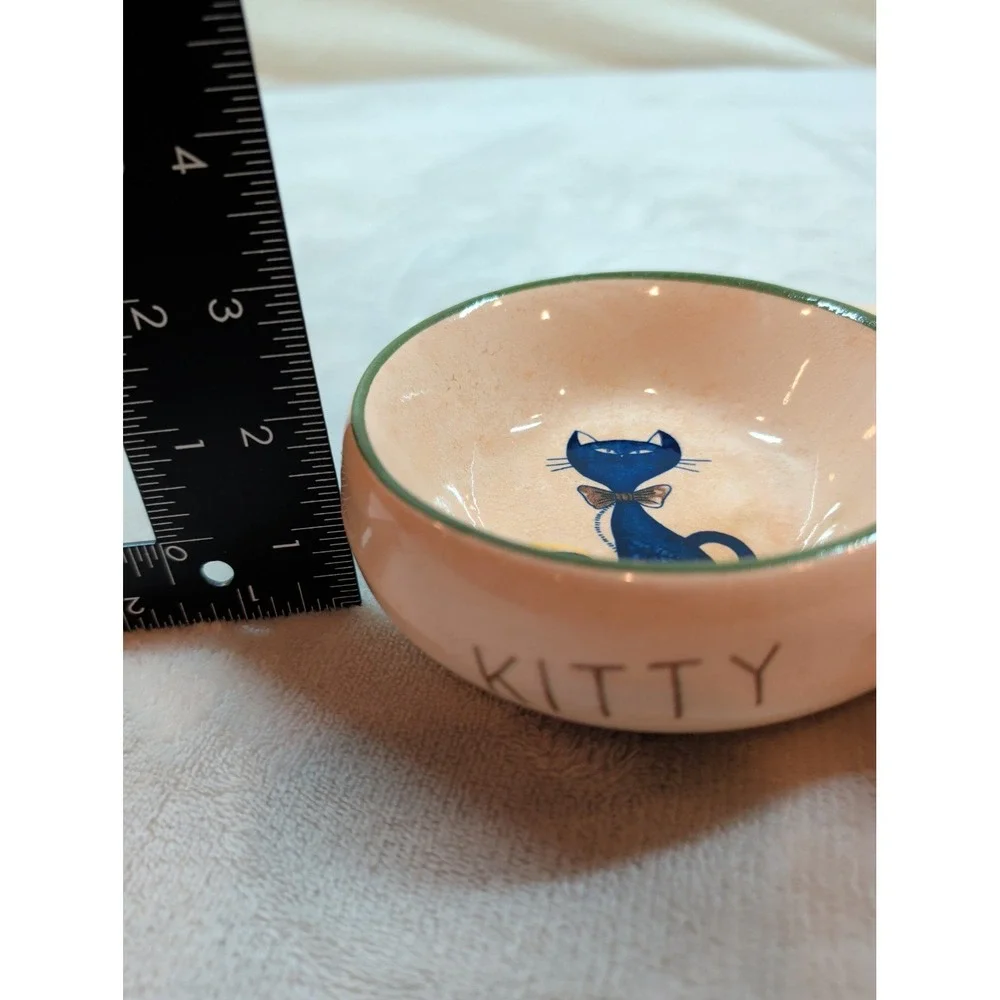 Vintage Ceramic Double Kitty Cat Bowl Pink Green Trim Mid Century Pet Dish 8.5